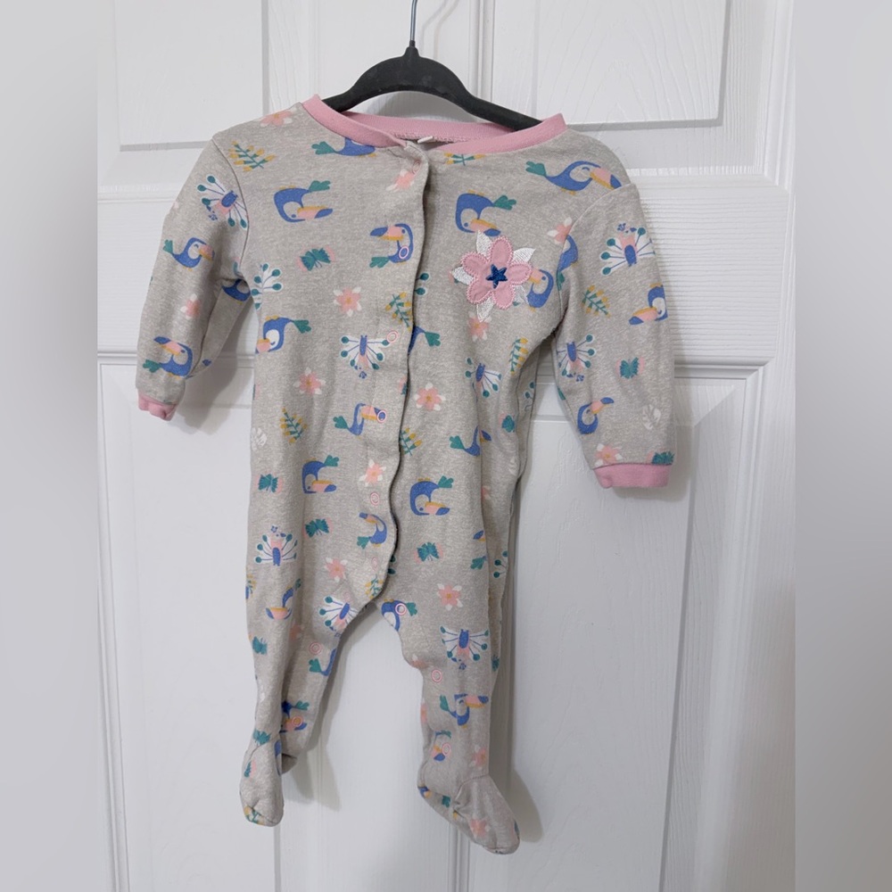 Pekkle Gray Floral & Toucan Sleeper with Pink Trim and Snaps